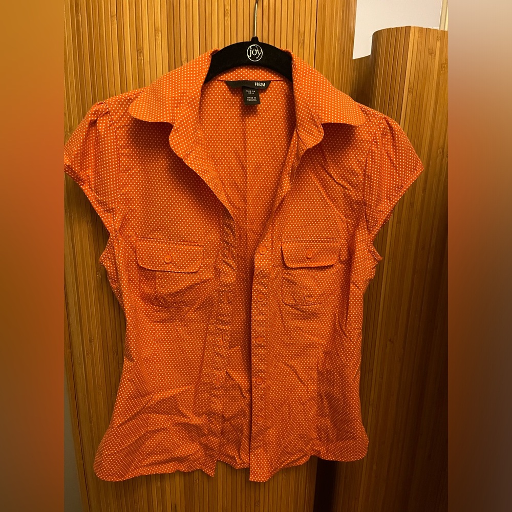 H&M Vibrant Orange Button-Up polka dot Blouse